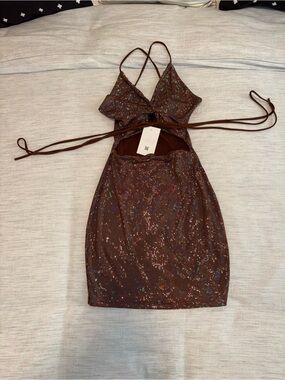 Sabora Brown Iridescent Sequin Cutout Mini Dress